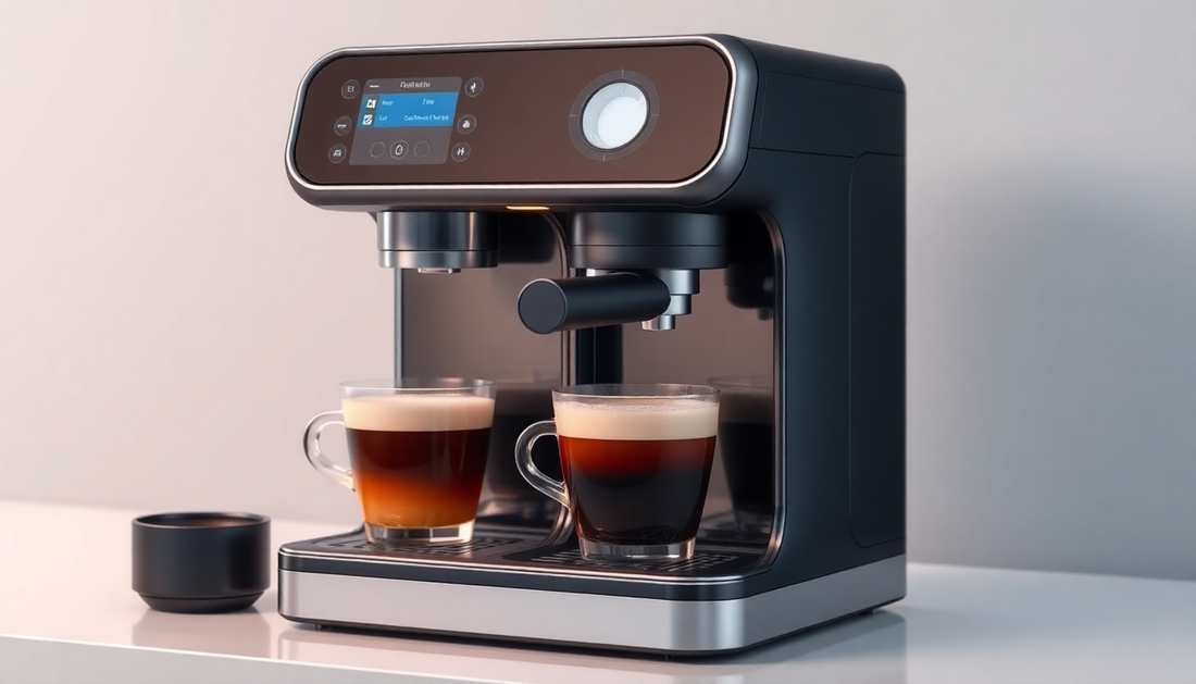 A sleek AI coffee machine brewing fresh coffee