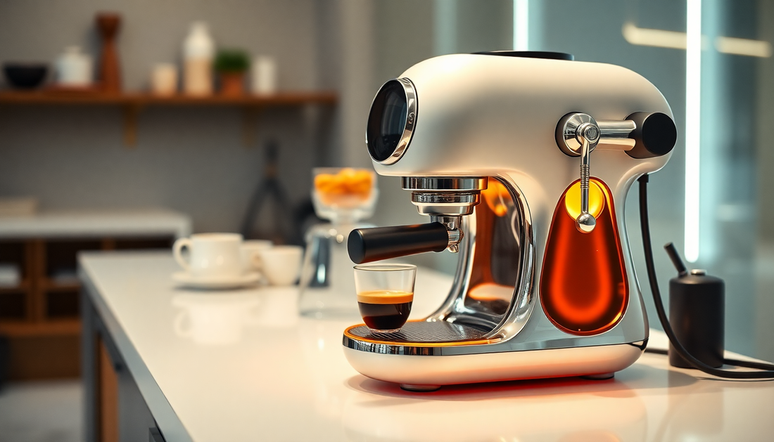 A futuristic coffee machine brewing artisan coffee