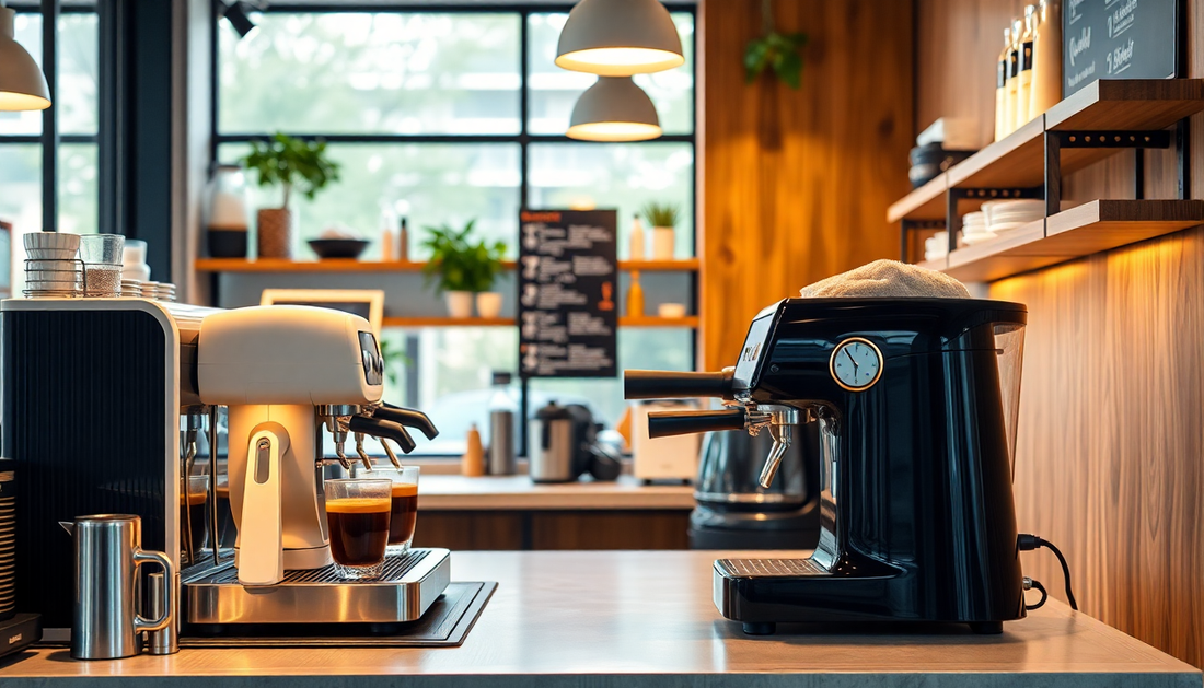 A modern cafe with AI coffee machines brewing coffee