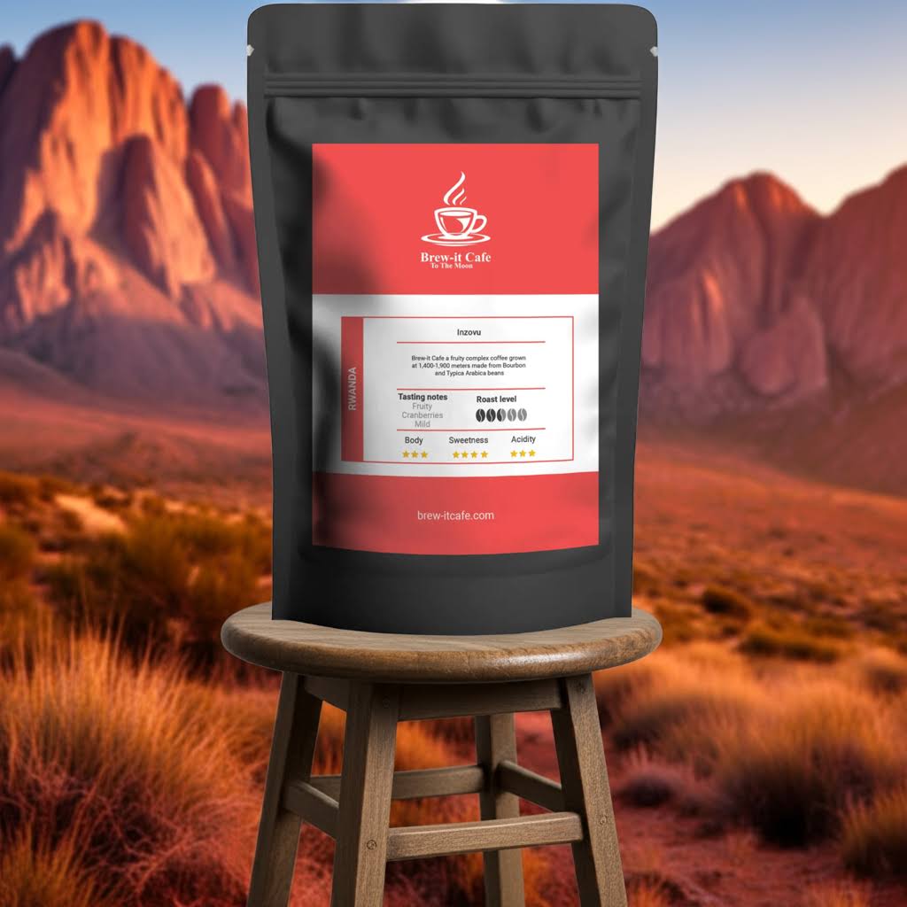 Brew-itCafe Rwanda Beans - Single-Origin Coffee displayed on a stool with desert mountains in the background. Vibrant and crisp flavor profile.