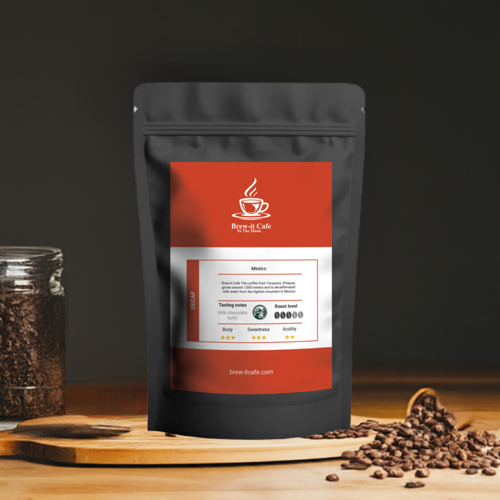 Brew-itCafe Decaf Coffee Mexican Roast bag on wooden surface with coffee beans, emphasizing smooth taste and Mountain Water Process.