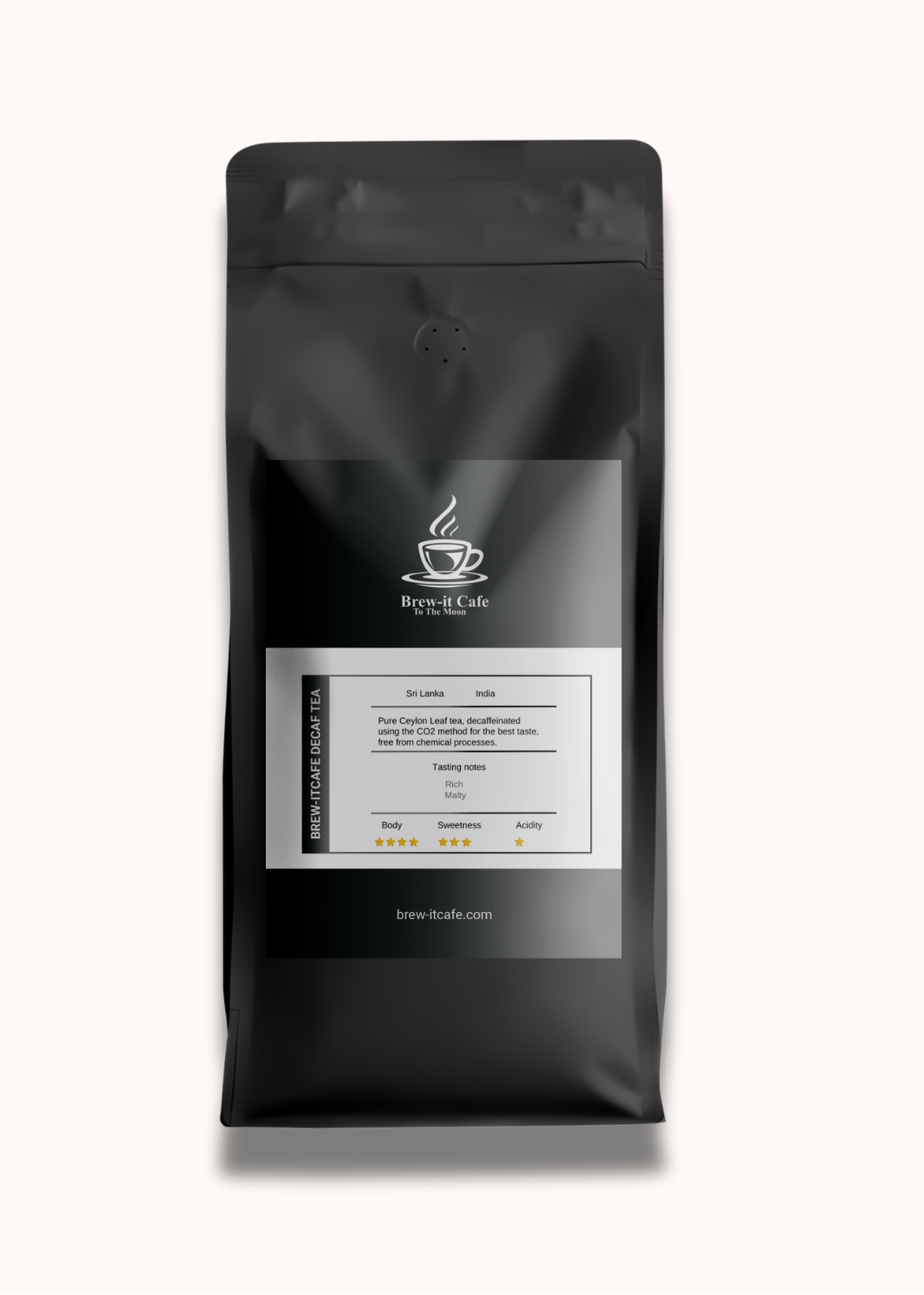 Front view of Brew-itCafe Decaf Tea - Premium Ceylon packaging with detailed label, showcasing its origin, tasting notes, and premium decaf quality.