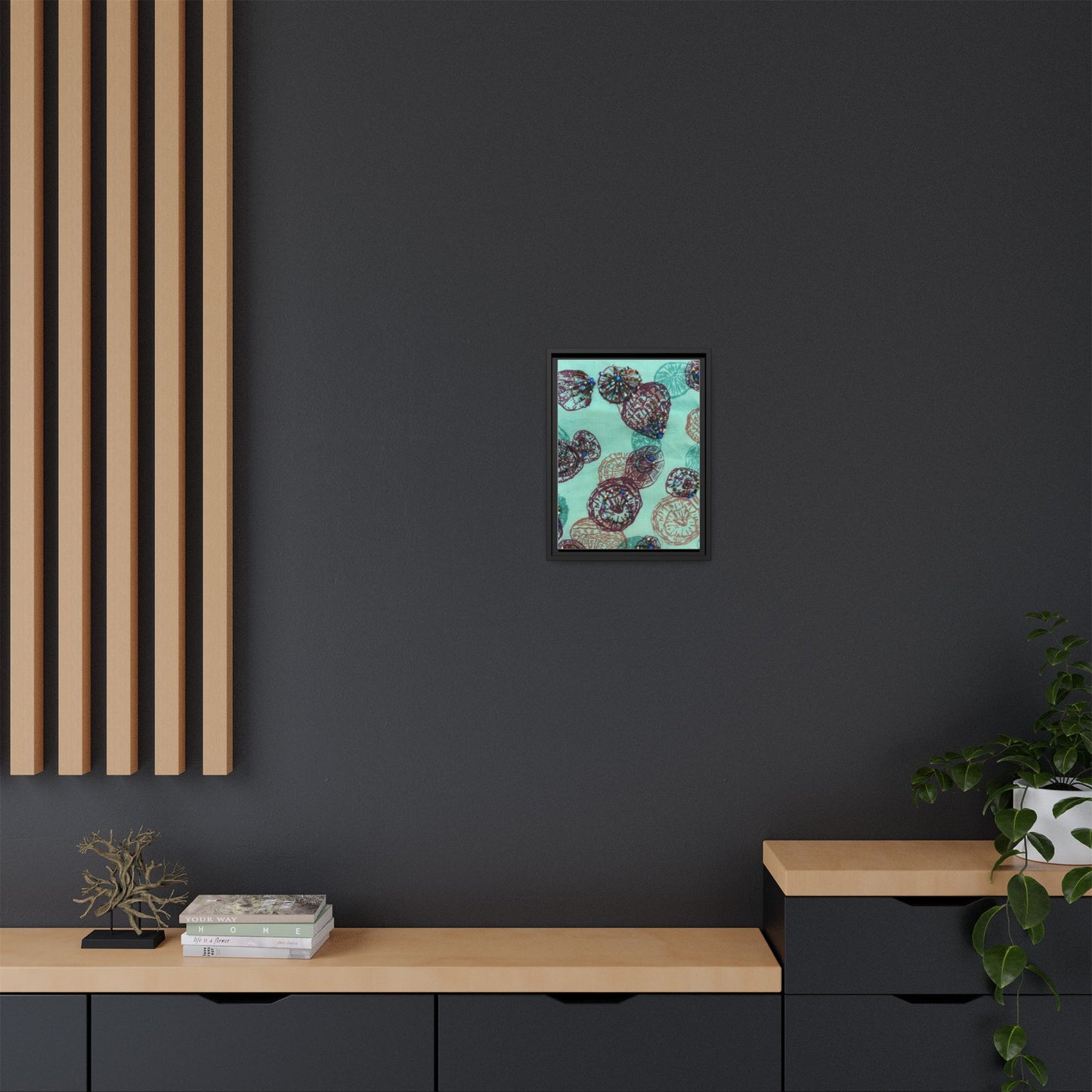 Framed canvas featuring colorful abstract art for living room, displayed on a modern wall