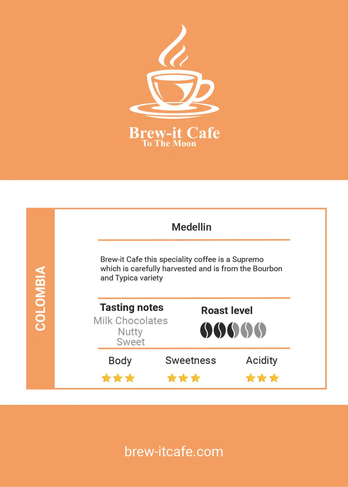 Brew-itCafe Colombian coffee beans UK from Medellin with tasting notes of milk chocolate and nuttiness