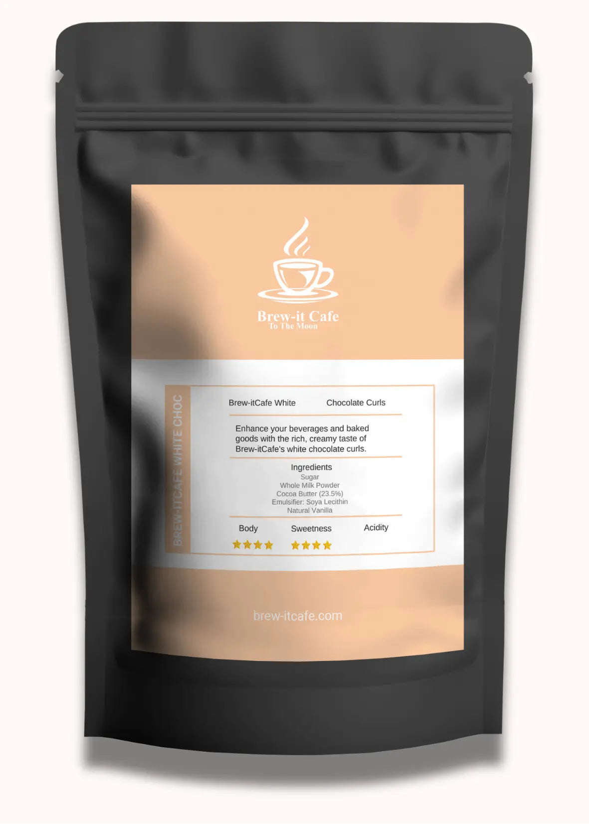 Brew-itCafe Creamy White Hot Chocolate UK packaging with ingredient details and coffee cup logo