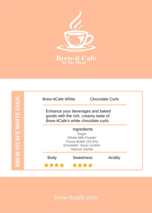 Brew-itCafe creamy white hot chocolate UK in a resealable pouch with chocolate chips