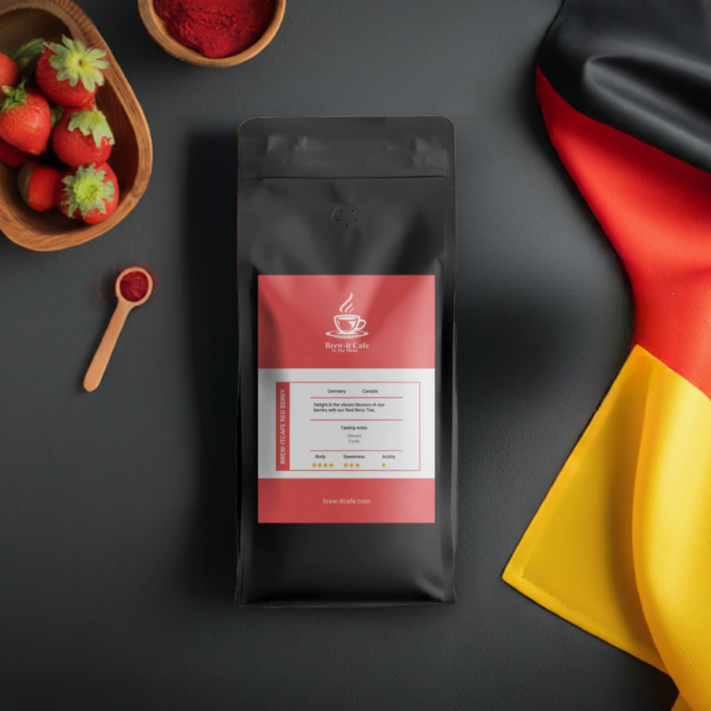 Brew-itCafe fruity red berry tea in a black package with fresh strawberries on a dark background