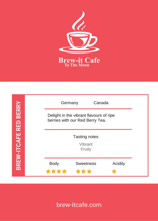 Brew-itCafe Red Berry Tea - Fruity Blend in black pouch with two glass cups of vibrant red tea and assorted berries, ideal for herbal tea lovers.