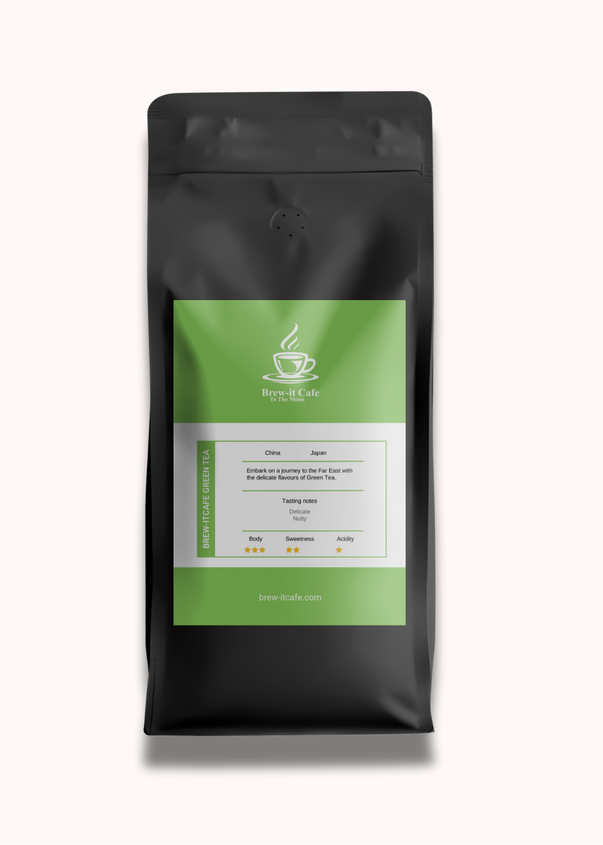 Front view of Brew-itCafe Green Tea packaging with tasting notes and origin, emphasizing premium antioxidants and whole leaf quality.
