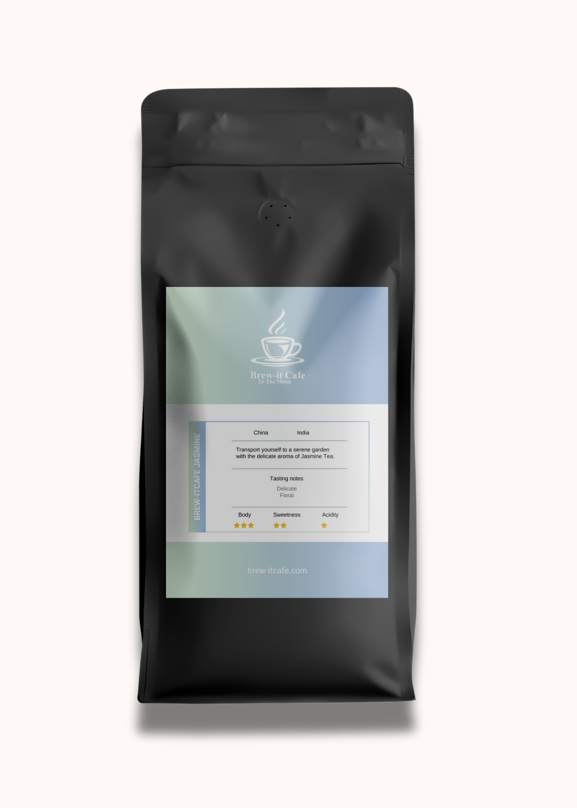 Brew-itCafe Jasmine Tea - Premium Green | Loose Leaf, Aromatic in matte black packaging with detailed label, perfect for tea lovers seeking floral notes.