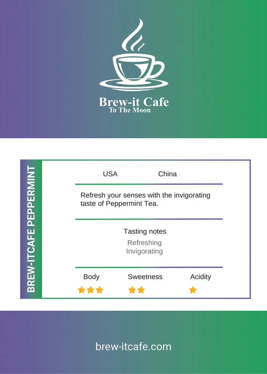 Brew-itCafe Peppermint Tea herbal infusion pouch with dried peppermint leaves and fresh mint on brown background. Caffeine-free and refreshing.