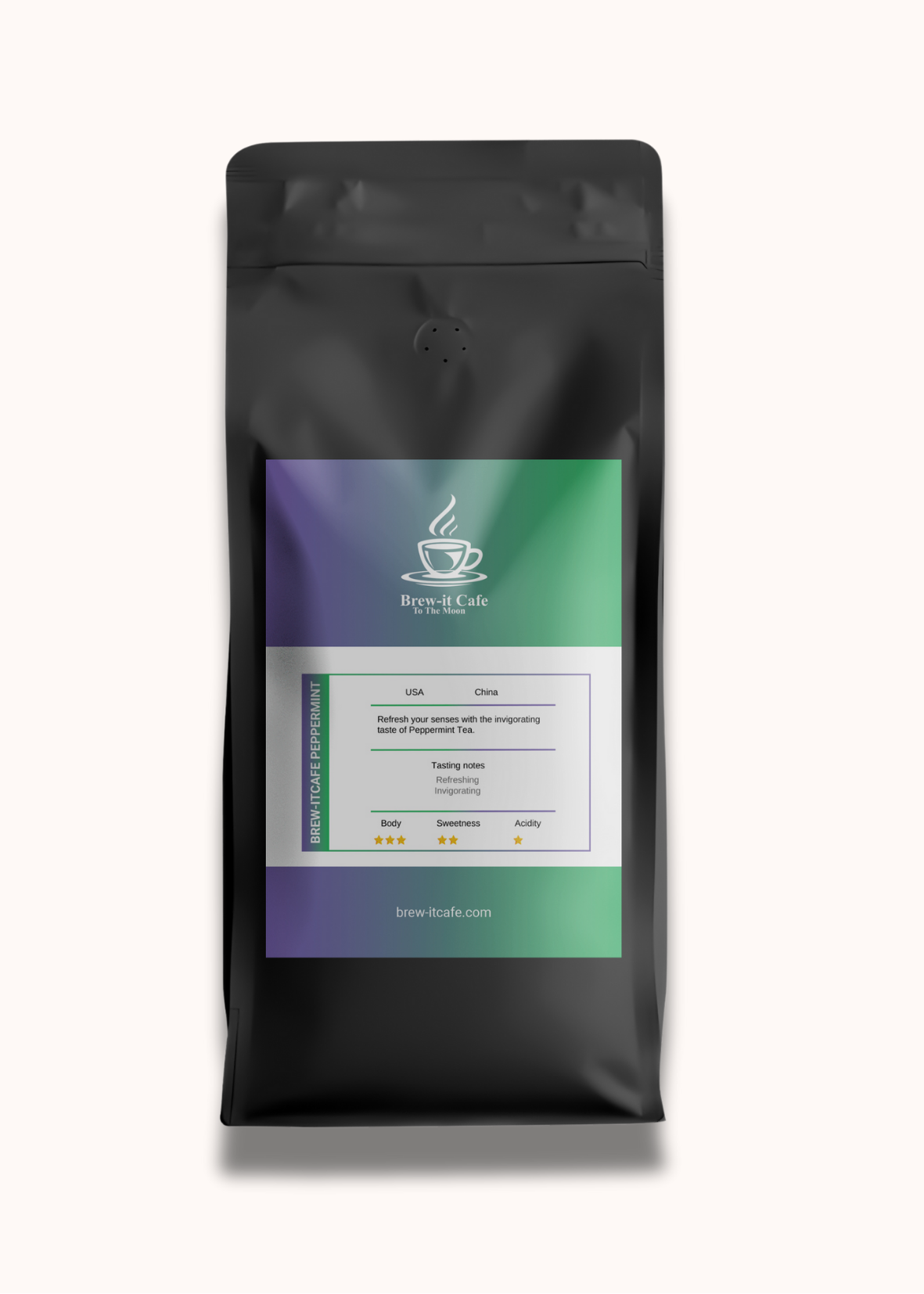 Front view of Brew-itCafe Peppermint Tea packaging with green and purple label. Premium caffeine-free herbal tea with crisp peppermint taste.