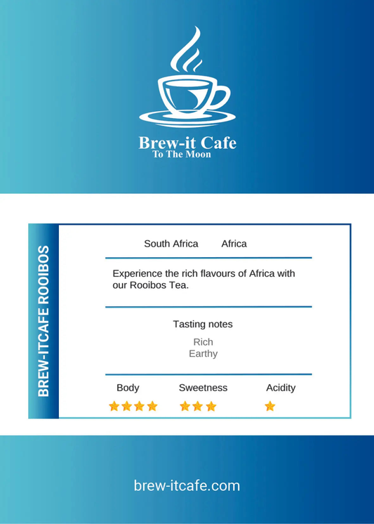 Brew-itCafe Rooibos Tea Caffeine-Free Herbal Blend in black pouch with tea cup and loose rooibos on wooden table. Rich antioxidant herbal tea.