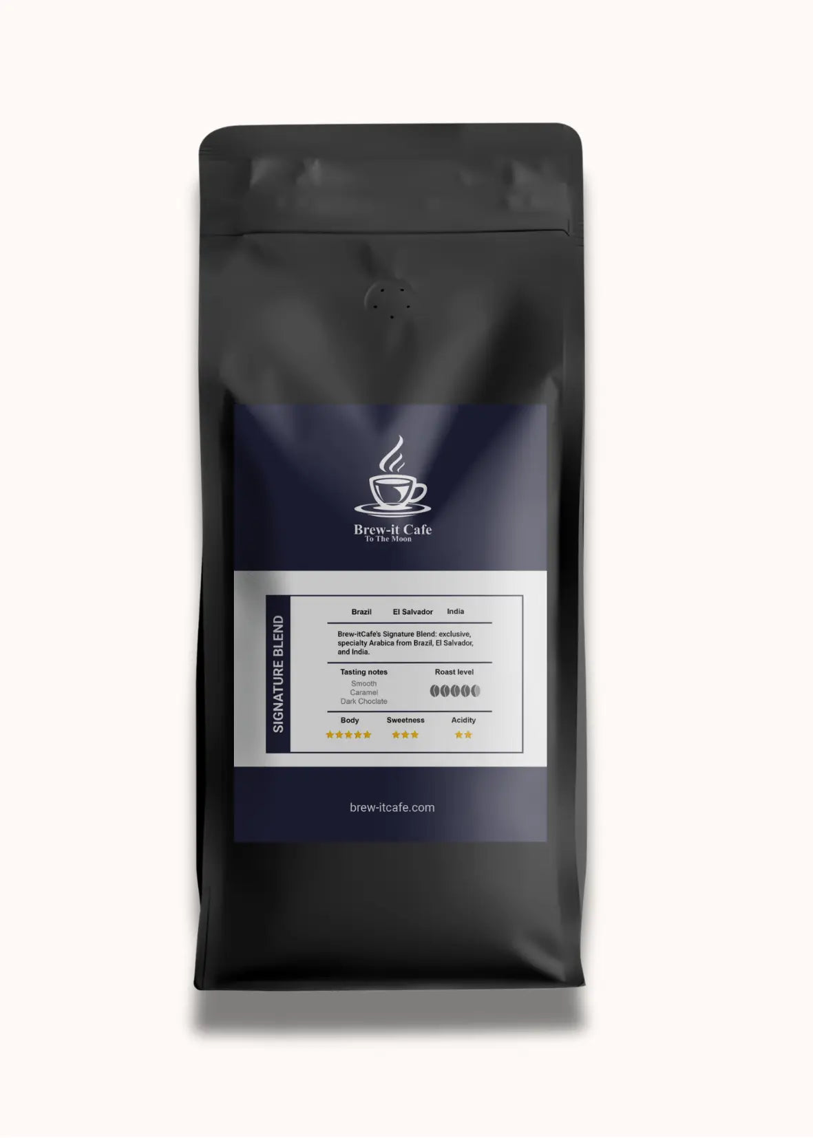 Brew-itCafe Signature Blend coffee bag with tasting notes and flavor profile on black packaging