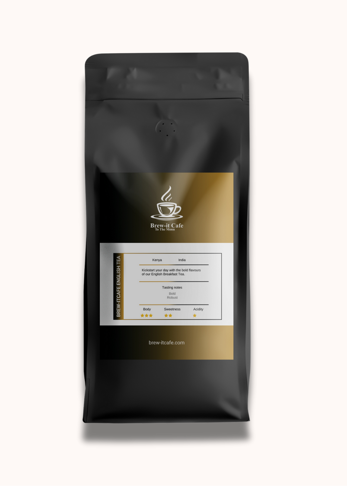 Front view of Brew-itCafe Premium Black Tea - English Breakfast packaging with detailed tasting notes and origin from Kenya and India.