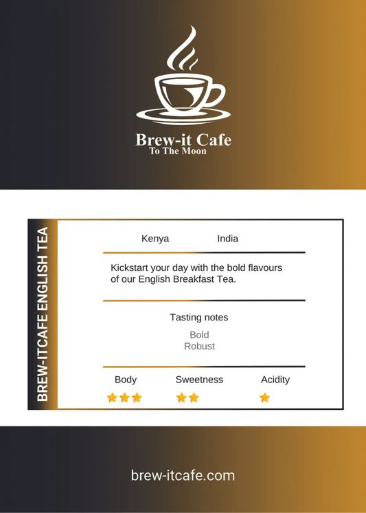 Brew-itCafe Premium Black Tea - English Breakfast blend in black pouch with teapot and loose tea leaves, ideal for rich morning brews.