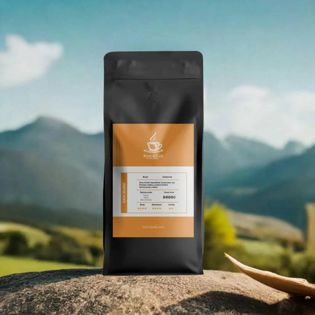 Brew-itCafe premium coffee bag with detailed flavor profile placed outdoors on a rock with mountain background