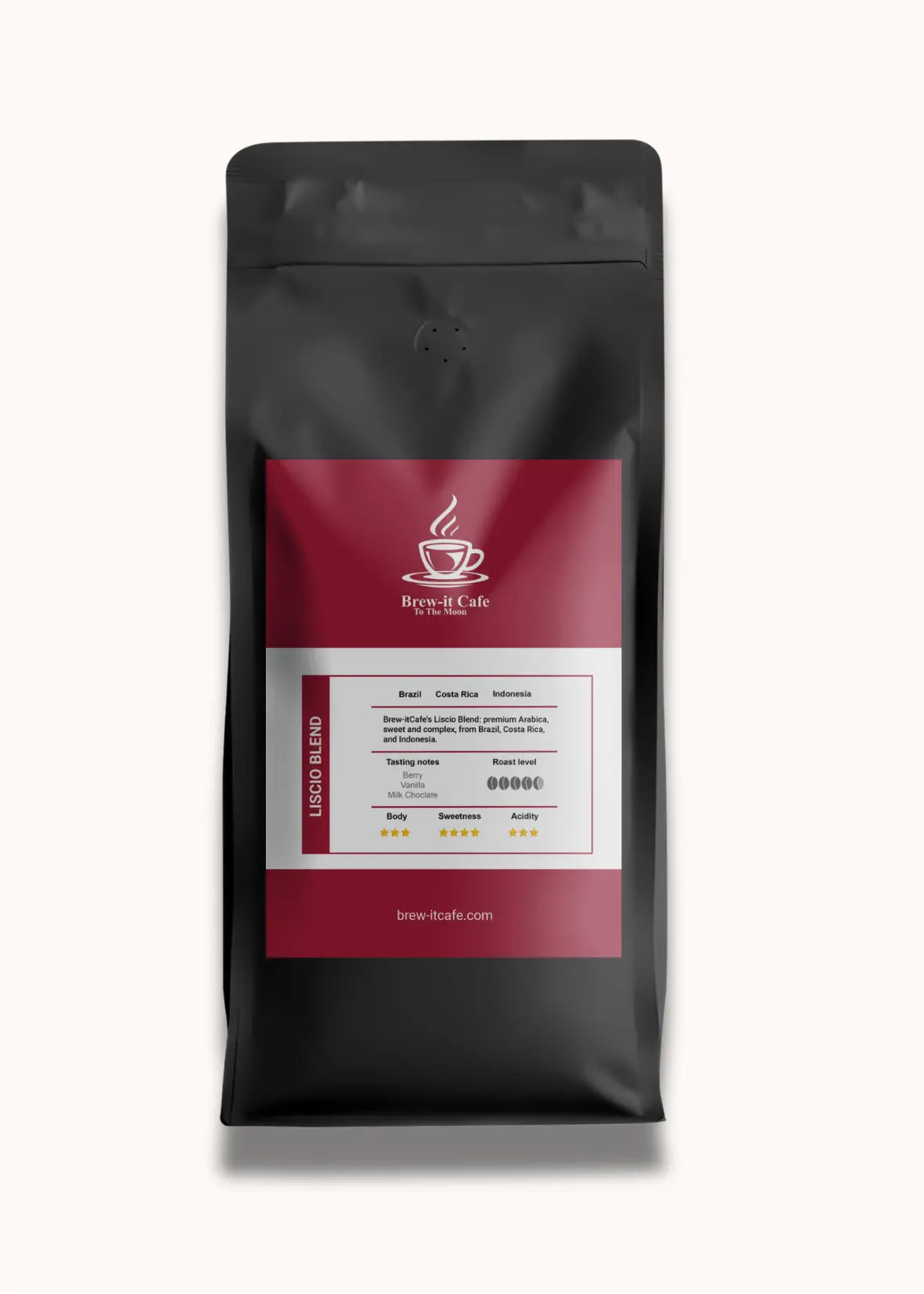 Brew-itCafe medium roast coffee bag with detailed tasting notes and red label on black packaging