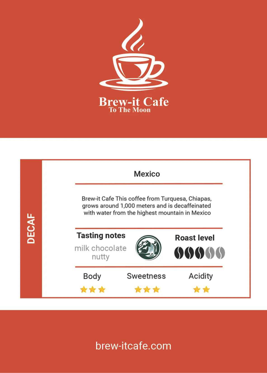 Brew-itCafe Decaf Coffee Mexican Roast in black resealable bag with red label, featuring smooth, nutty flavor and Mountain Water Process.