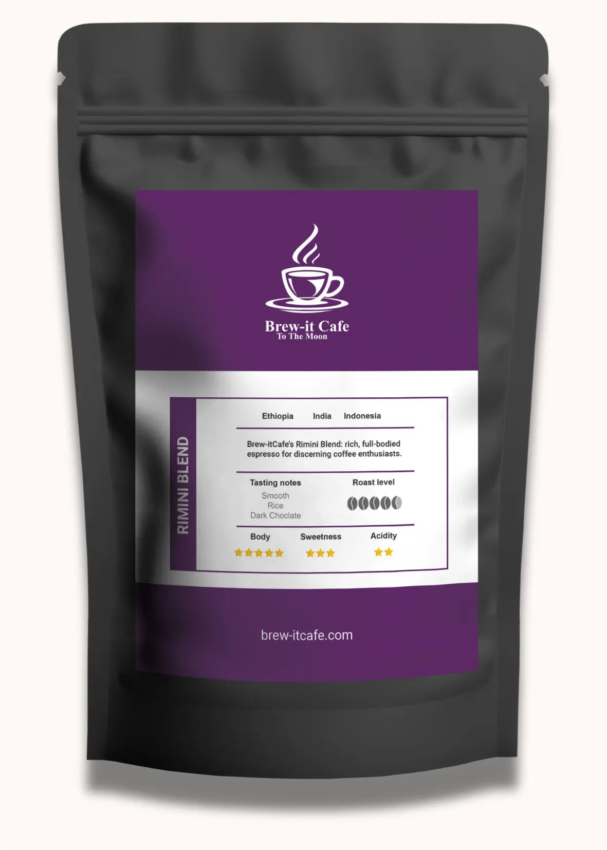 Brew-itCafe Espresso Roast Rimini Blend black and purple bag with flavor and roast details