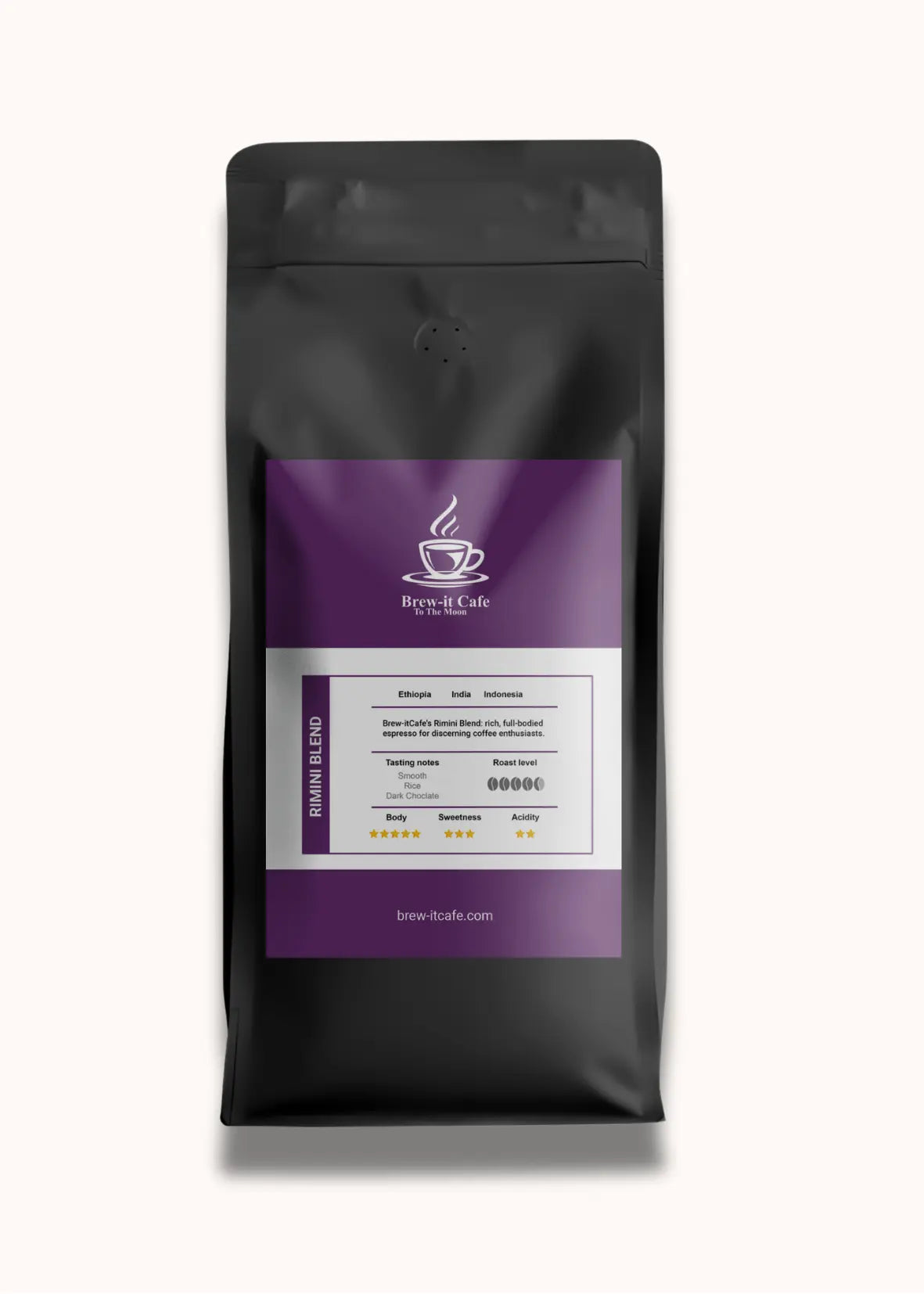 Brew-itCafe Espresso Roast coffee bag with purple label featuring flavor notes and ratings