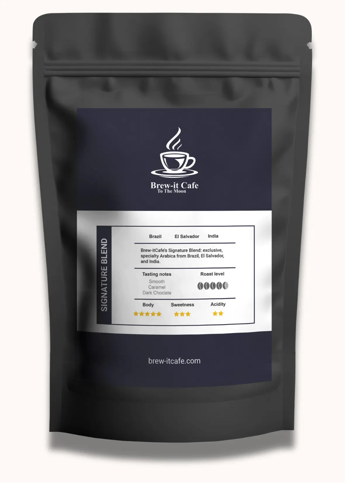 Brew-itCafe Signature Blend coffee bag with tasting notes and roast level on black packaging