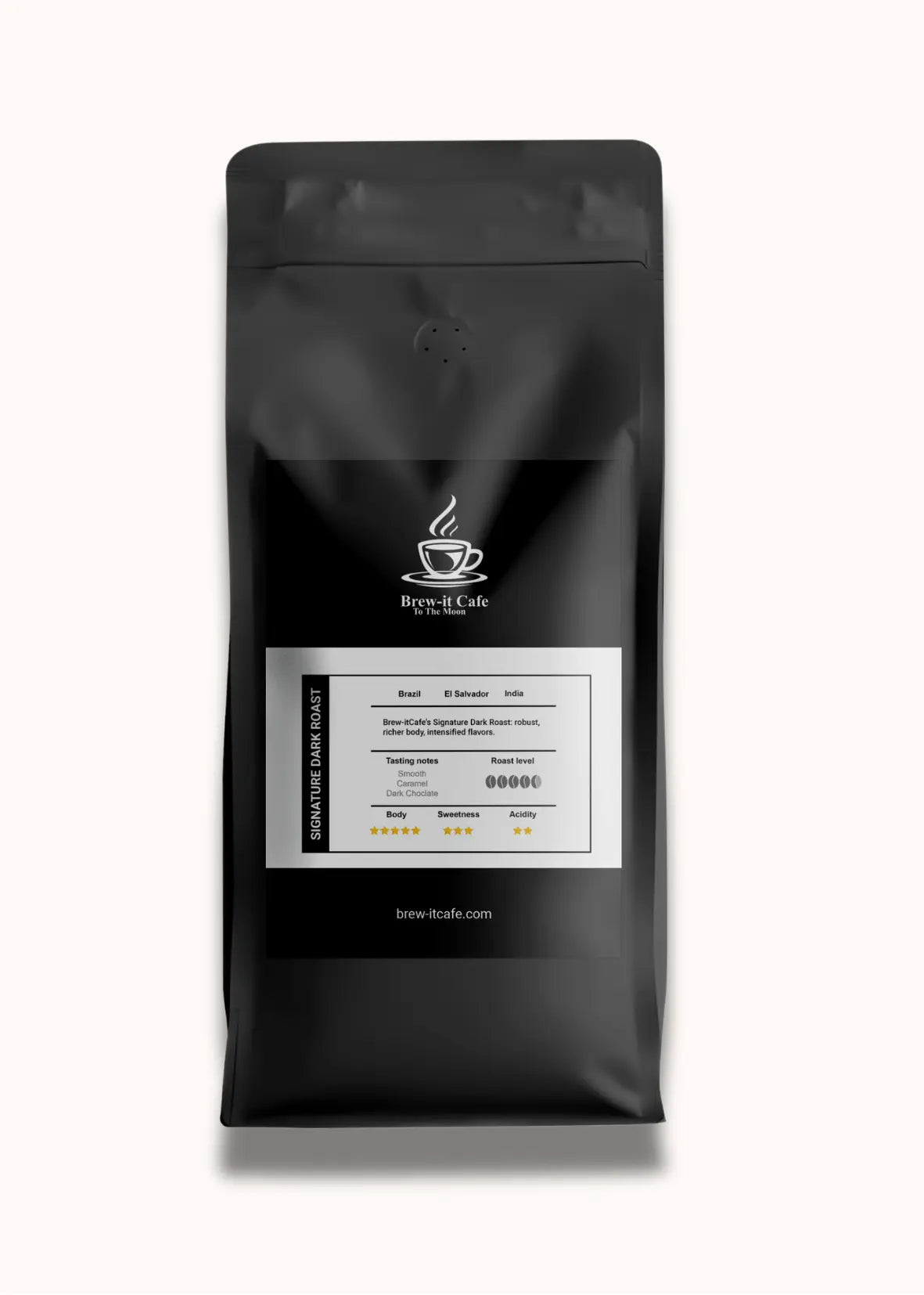 Brew-itCafe dark roast coffee bag with detailed tasting notes and fresh aroma packaging