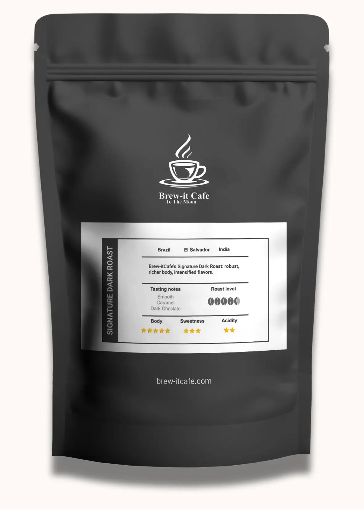 Brew-itCafe dark roast coffee bag with detailed flavor profile and ratings on a black resealable pouch