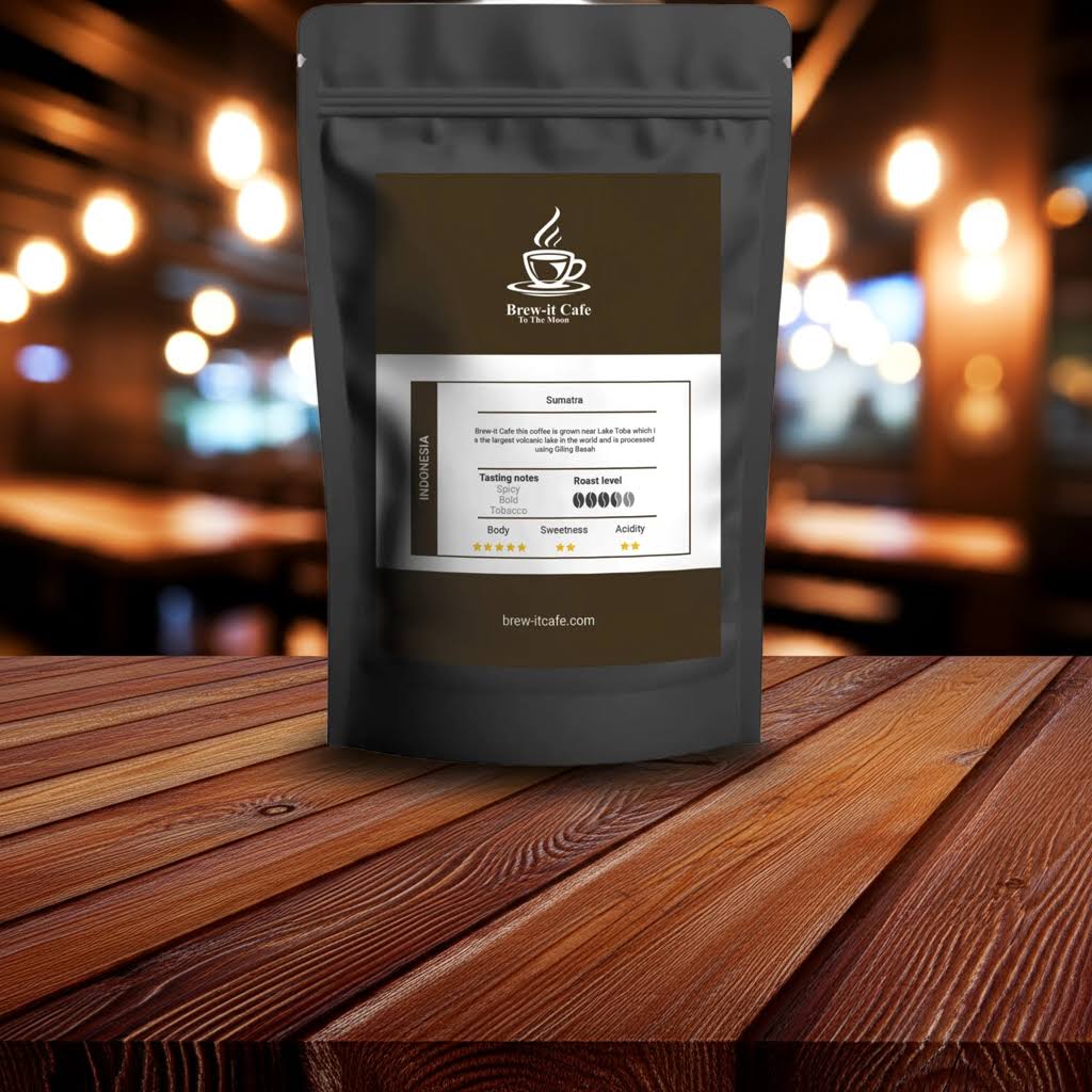 Single-origin Indonesia Coffee - Sumatra Lake Toba pack on a wooden surface with blurred café background, promoting bold flavor and ethical sourcing.