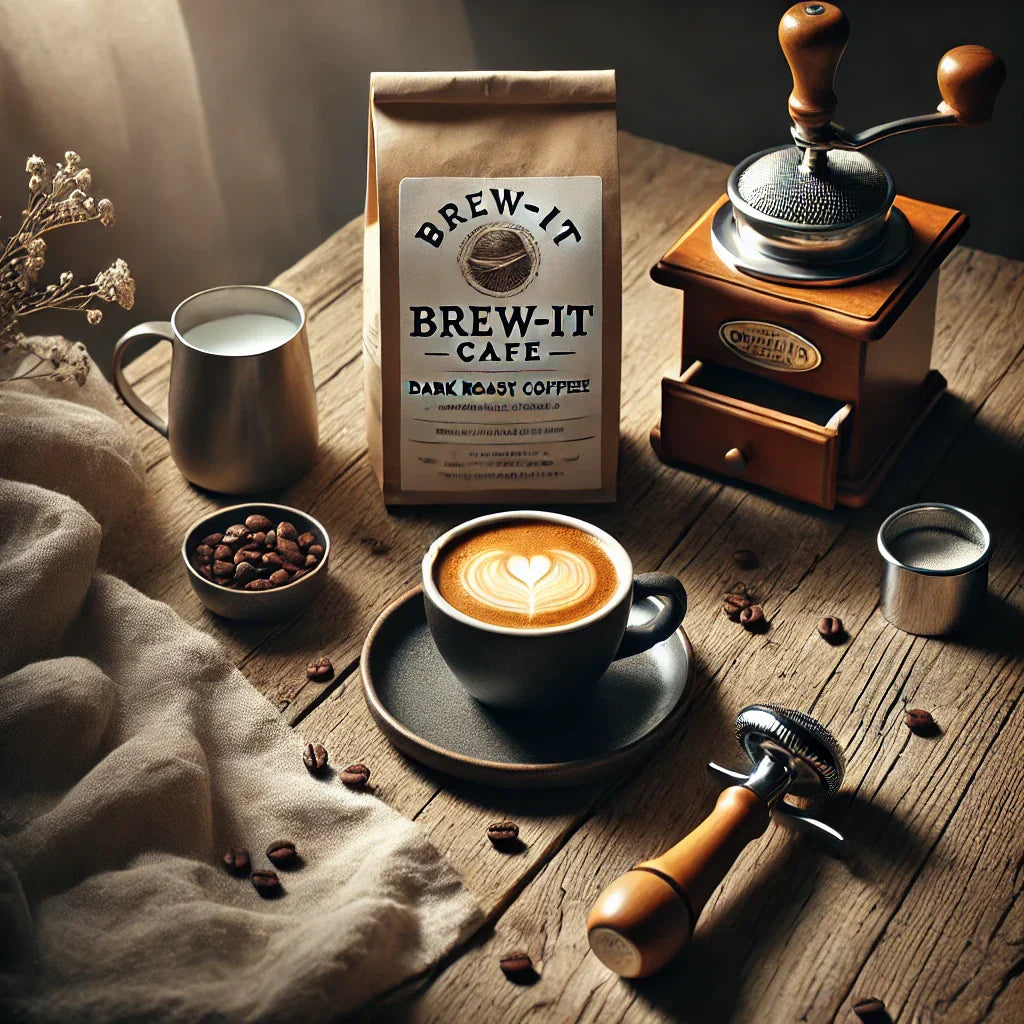 Signature dark roast coffee displayed with a cup, beans, and a vintage grinder on a wooden table