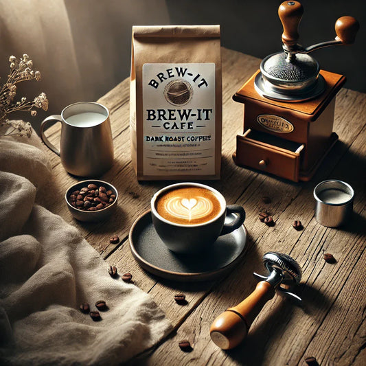 Signature dark roast coffee displayed with a cup, beans, and a vintage grinder on a wooden table