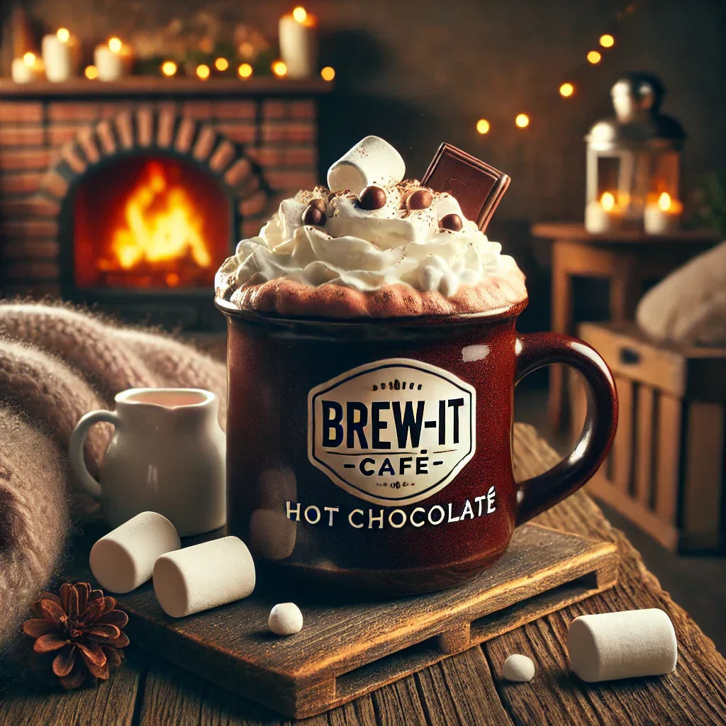 Delicious premium hot chocolate collection with whipped cream and marshmallows in a cozy setting
