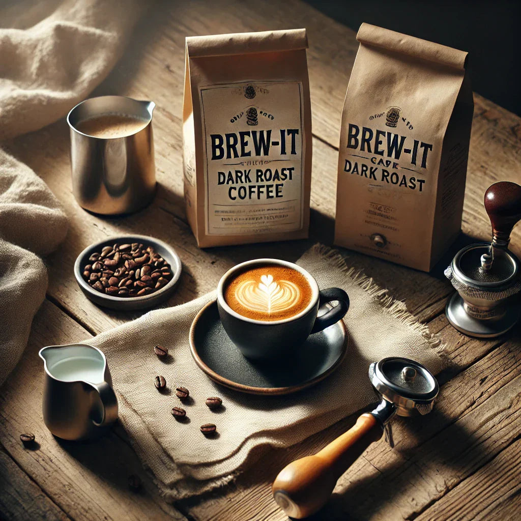 Brew-It Dark Roast Coffee showcased with a cup, beans, and brewing equipment highlighting ethically sourced coffee benefits