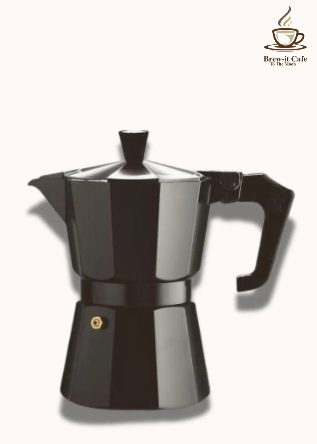 Black 3-cup moka pot Italian espresso maker with handle on light background