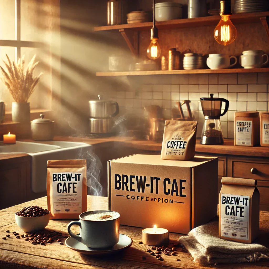Artisan coffee beans, Brew-It Cafe packaging, and a steaming cup in a cozy kitchen setting.