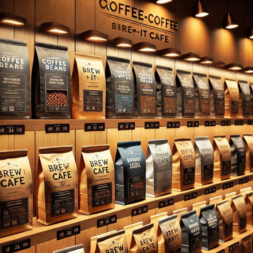 Assorted coffee bean bags displayed on wooden shelves in a café under warm lighting.