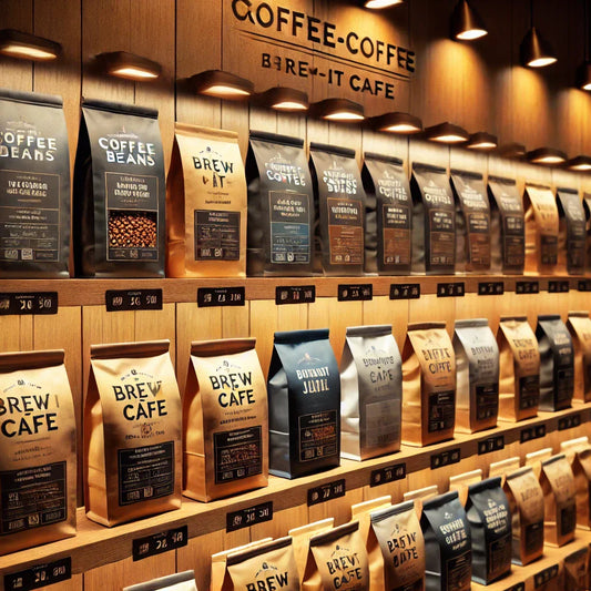 Display of premium coffee beans UK in various packages at a coffee shop