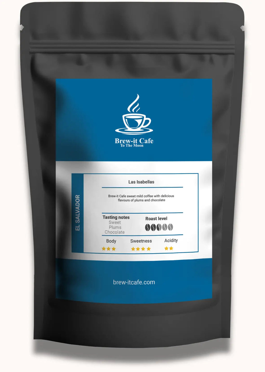Black coffee bag with blue label showing Las Isabellas El Salvador blend with tasting notes.