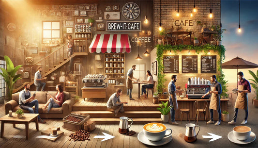 A vibrant coffee shop scene depicting a coffee enthusiast journey through various coffee experiences