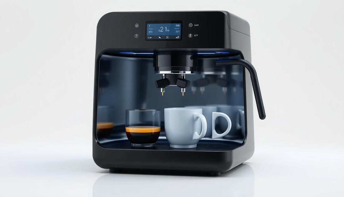 Modern espresso coffee machine with two cups, digital display, and steam wand.