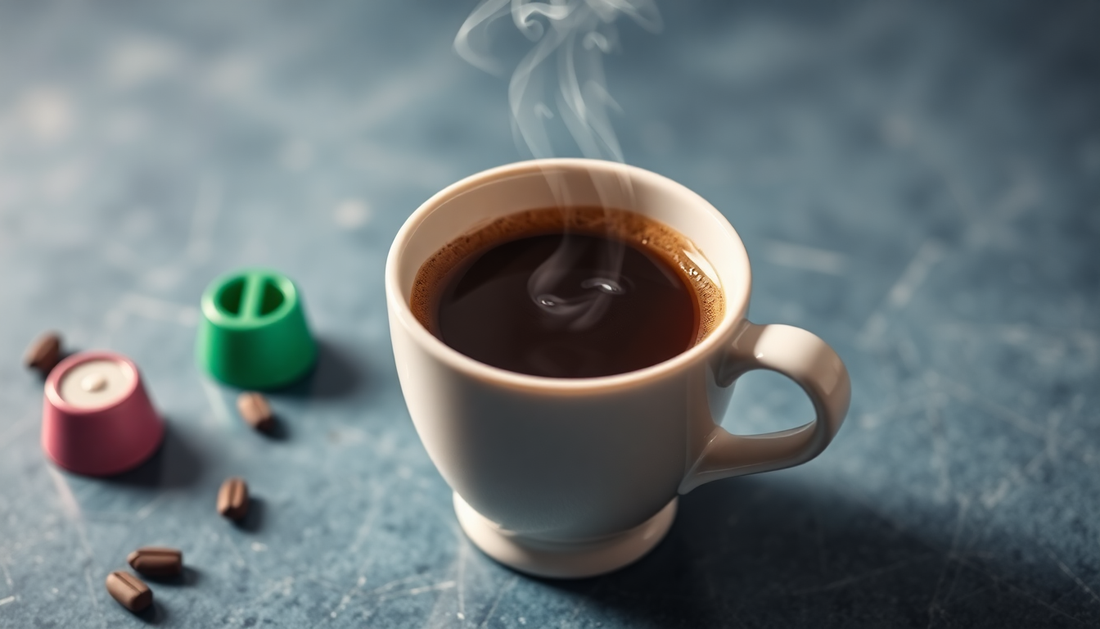 A steaming cup of coffee beside colorful eco-friendly coffee pods, showcasing their benefits