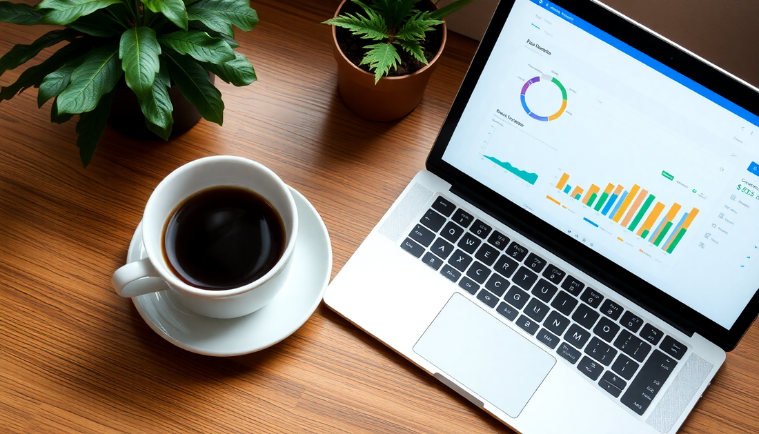 A cup of coffee beside a laptop with SEO analytics
