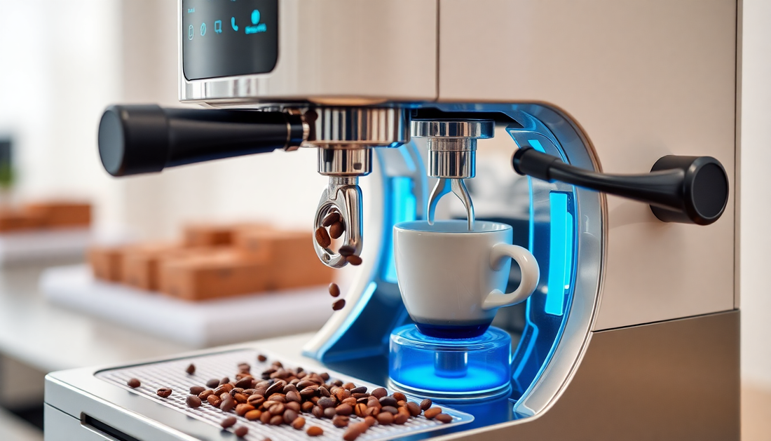 Modern espresso machine with blue LED lights, coffee cup, and scattered coffee beans