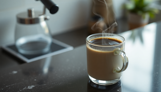 A steaming cup of decaf coffee on a kitchen countertop demonstrating how to brew decaf coffee