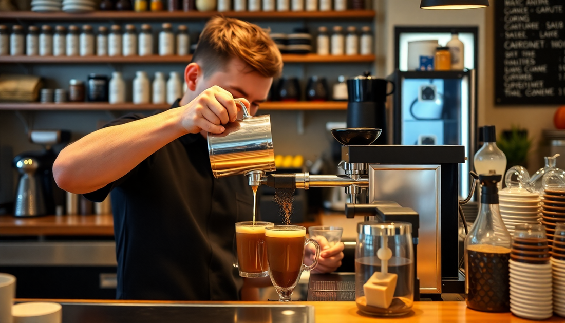 Barista preparing two artisan coffee drinks with fresh espresso and steamed milk in a cafe.