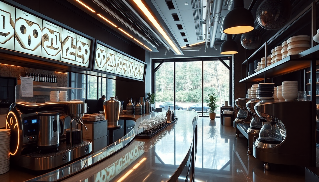 Modern coffee shop interior with espresso machines, clean counters, and large bright windows