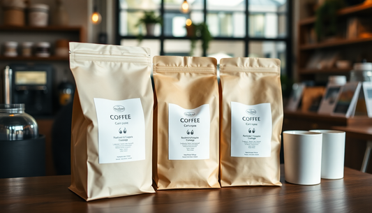 Packaging white label coffee bags in a cozy cafe