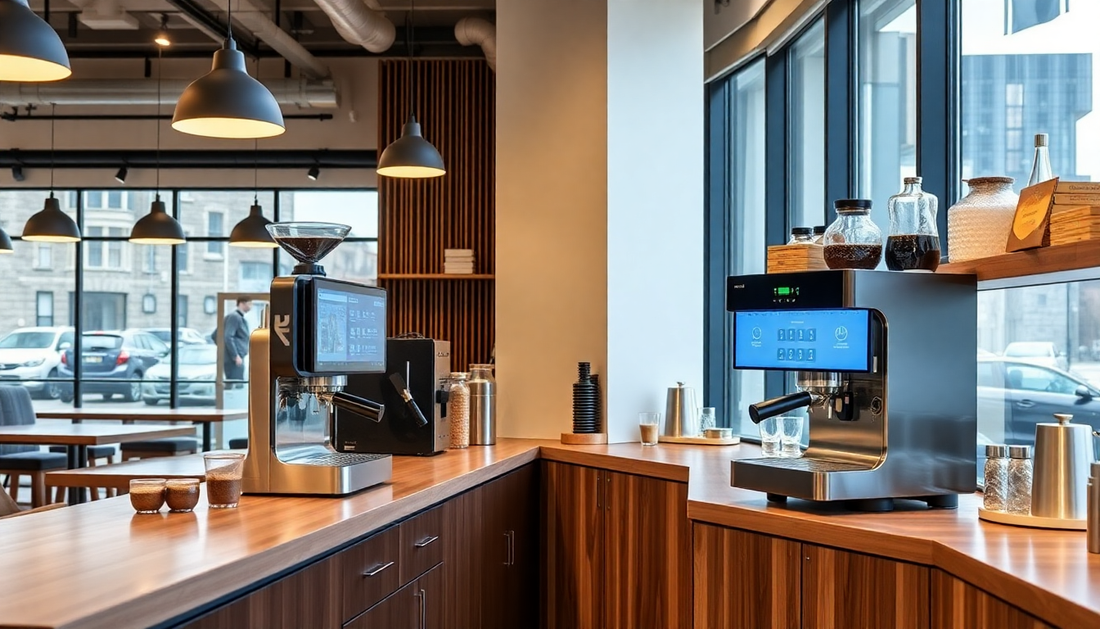 Modern cafe with AI-powered coffee brewing machines