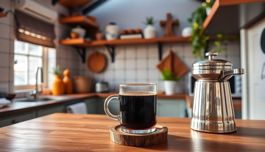 Home coffee brewing benefits showcased with a fresh cup of coffee in a cozy kitchen setting