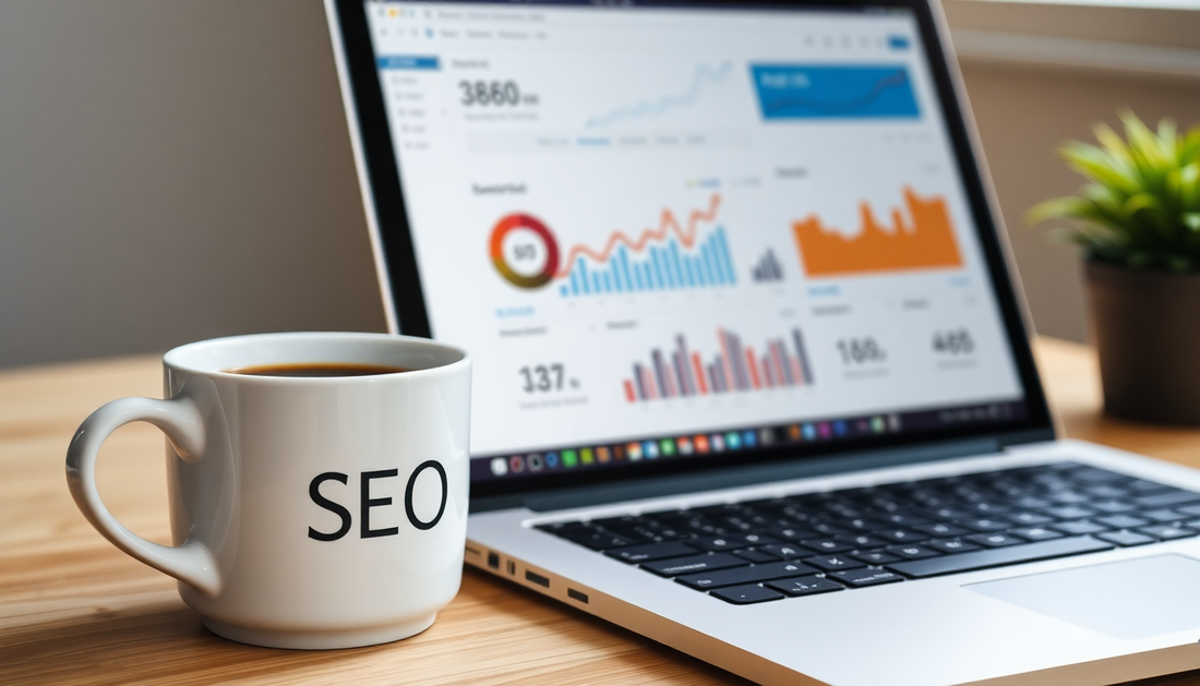 A coffee cup beside a laptop showing SEO analytics